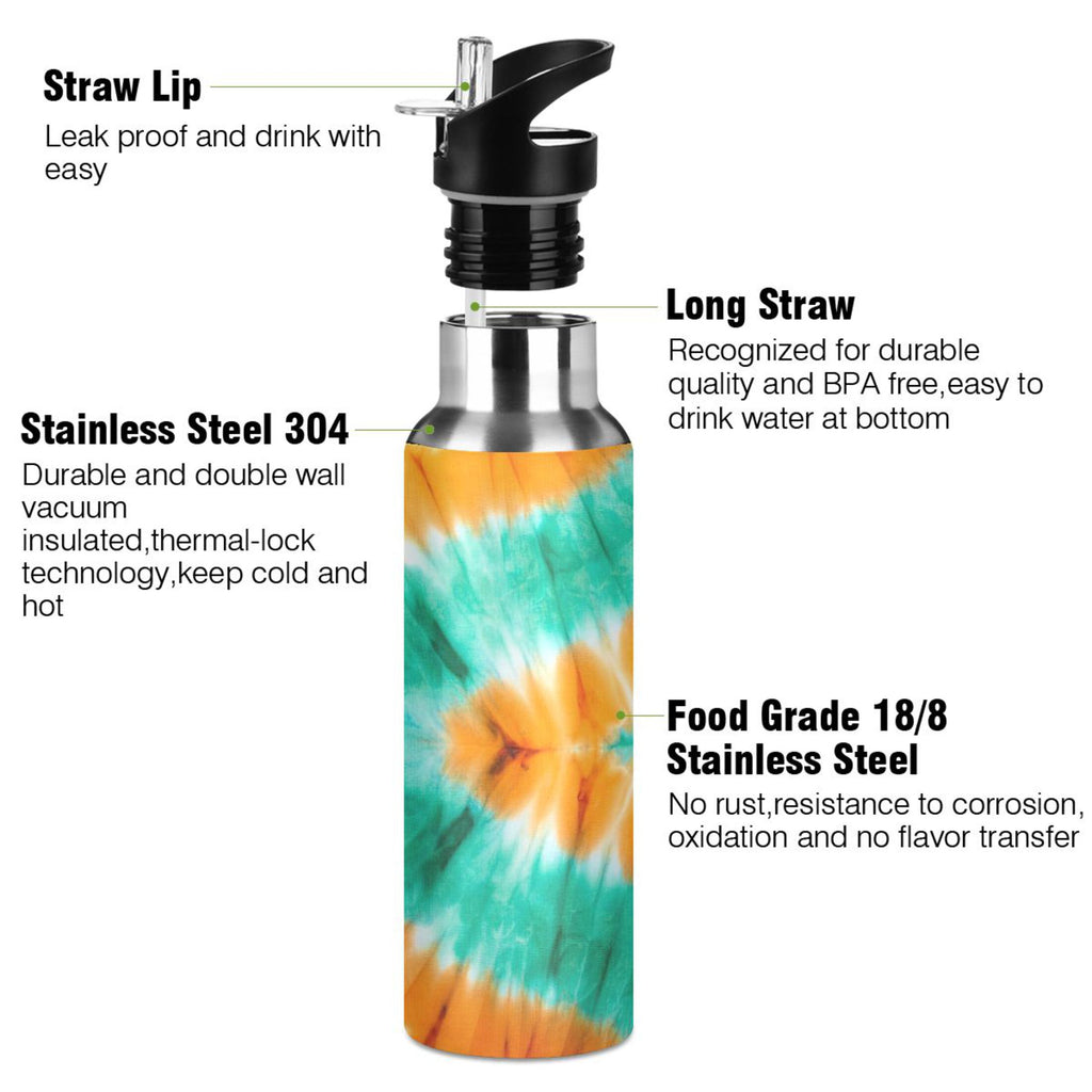 Tie Dye Orange Green 20 OZ Vacuum Insulated Stainless Steel Water Bottle with Straw Lid O899059