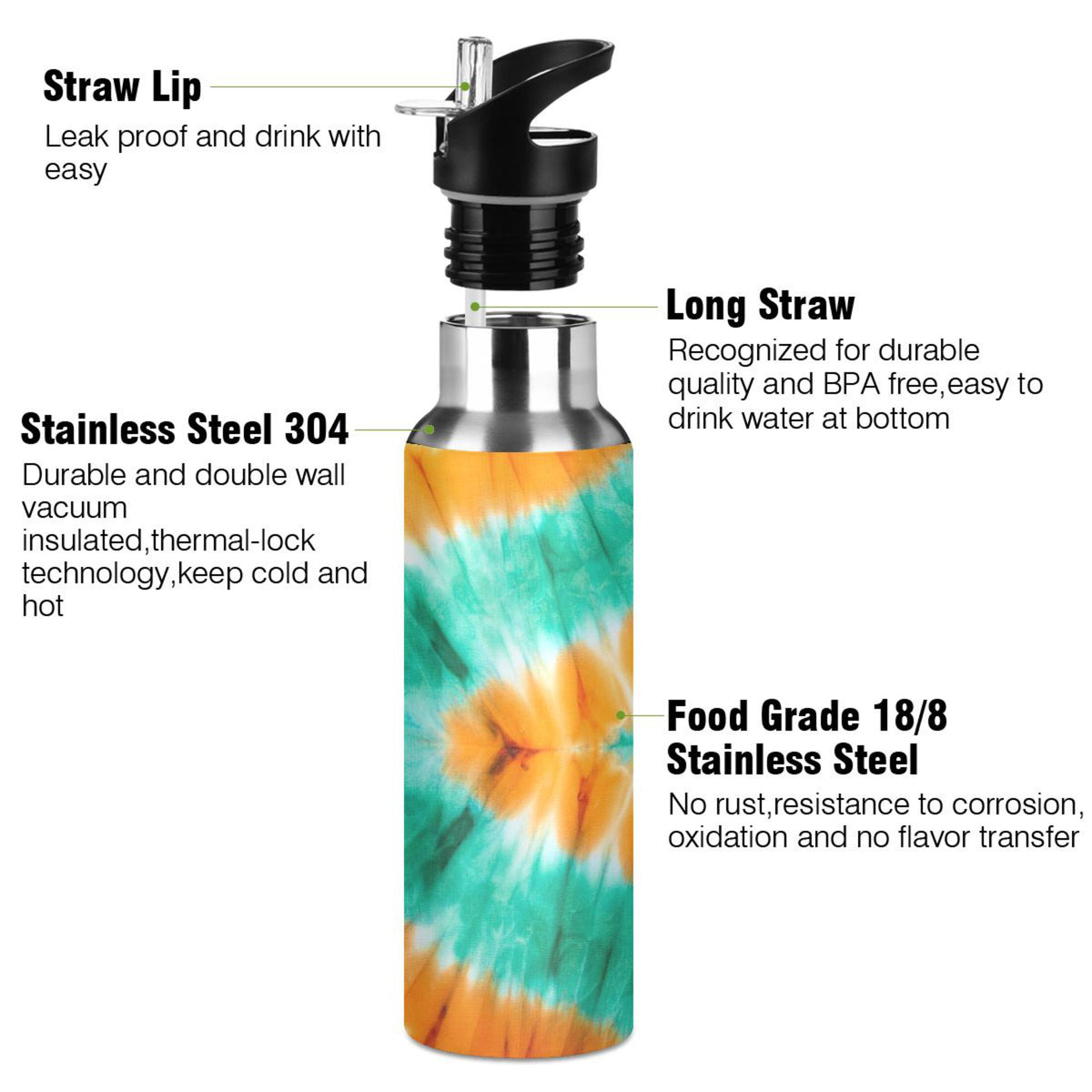 Tie Dye Orange Green 20 OZ Vacuum Insulated Stainless Steel Water Bottle with Straw Lid O899059