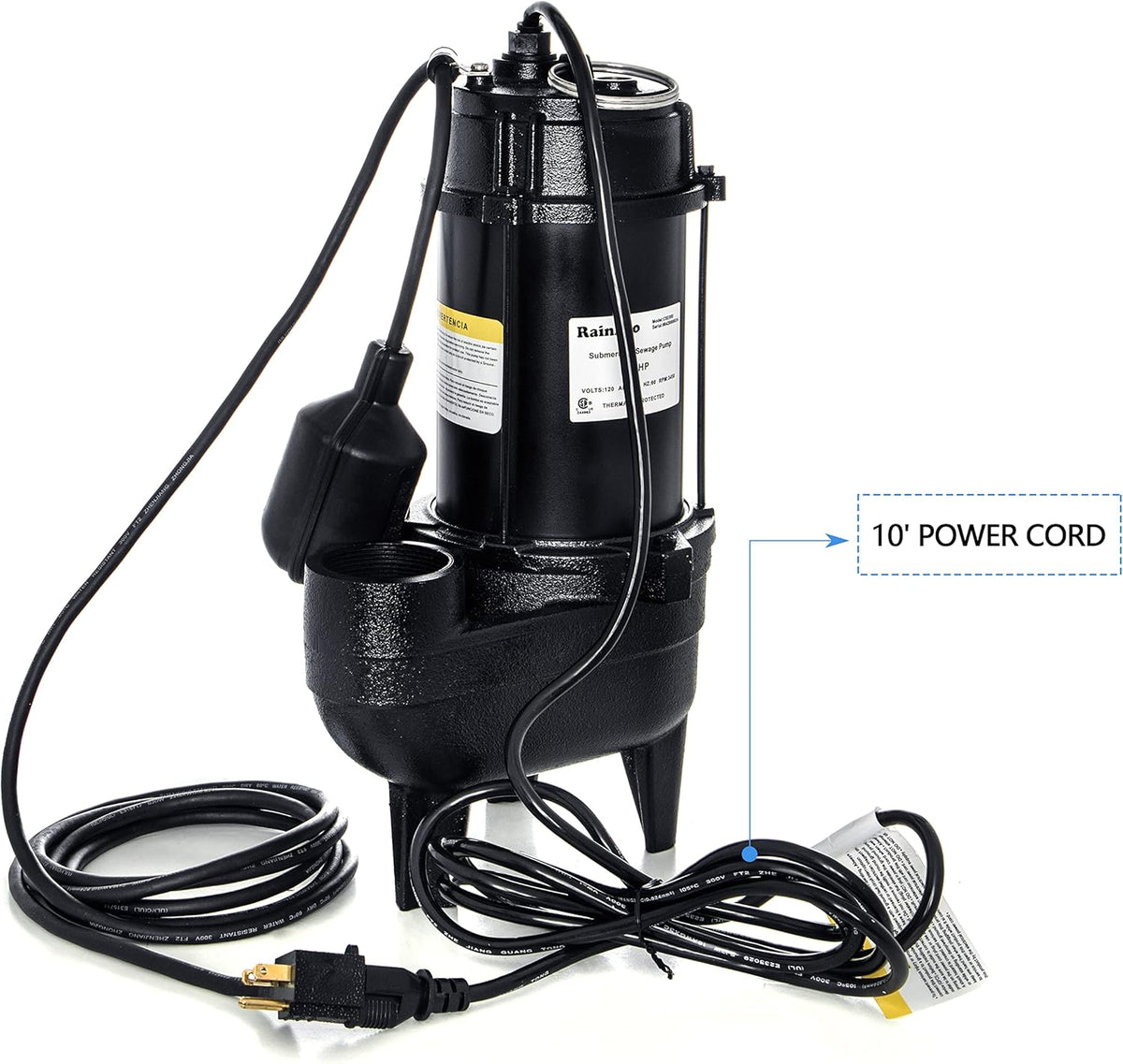 Cast iron submersible sewage pump with 10 ft. piggy back tether float switch F590