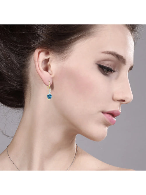 14K Yellow Gold Persian Blue Moissanite and White Lab Grown Diamond French Wire Dangle Hook Earrings Z6999