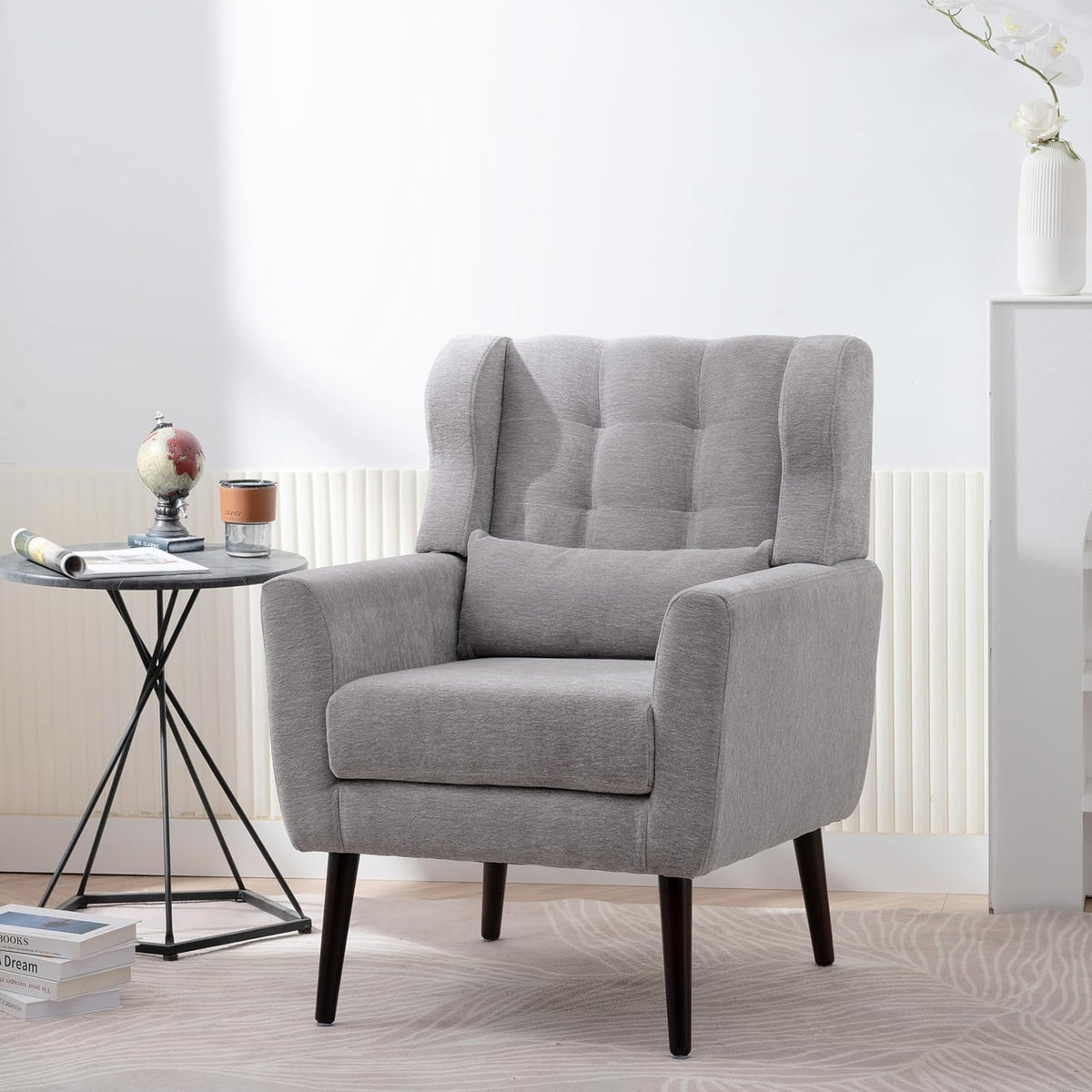 Chenille Upholstered Accent Chair with Pillow, Solid Wood Leg X3192