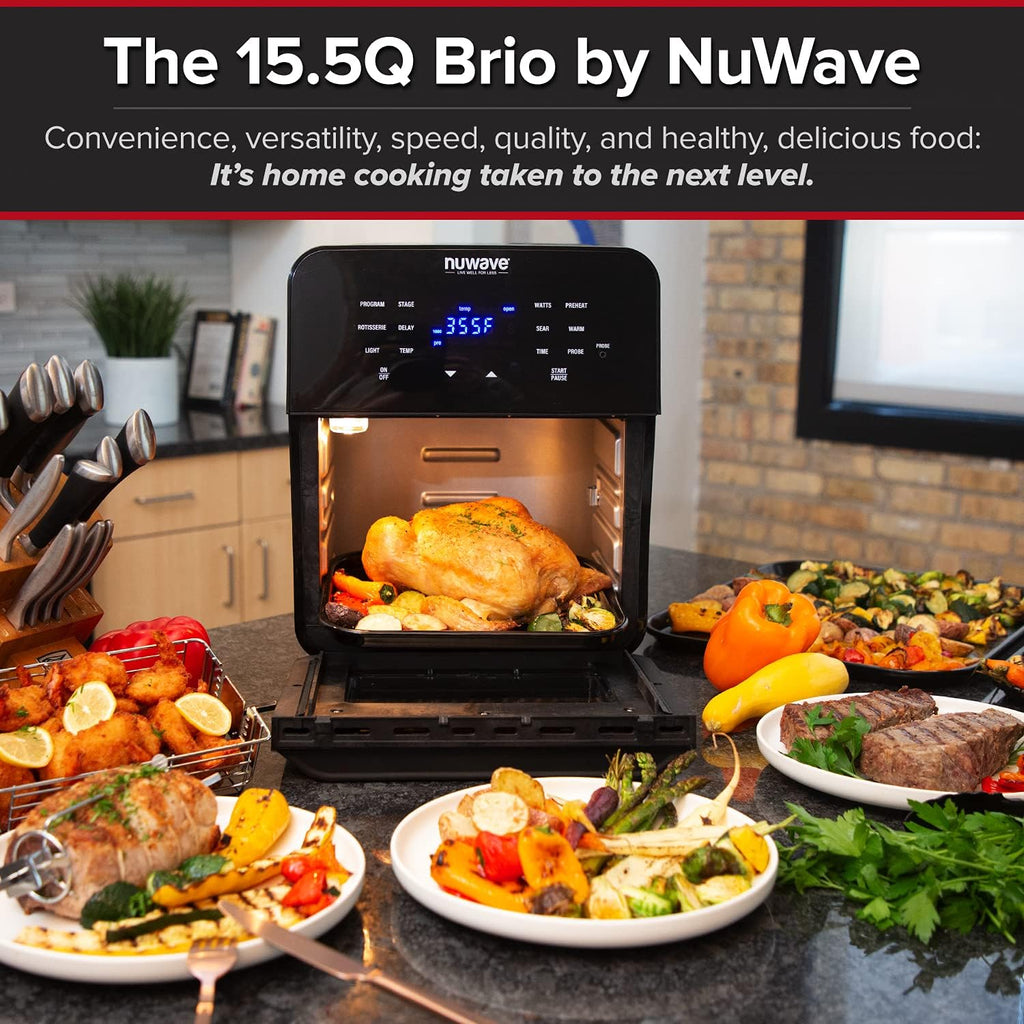 Brio Air Fryer Smart Oven, 15.5-Qt X-Large Family Size, Countertop Convection Rotisserie Grill Combo, 4 Rack Positions, 50°-425°F Temperature Controls in 5° Increments, Linear Thermal Technology and Integrated Temperature Probe J4256