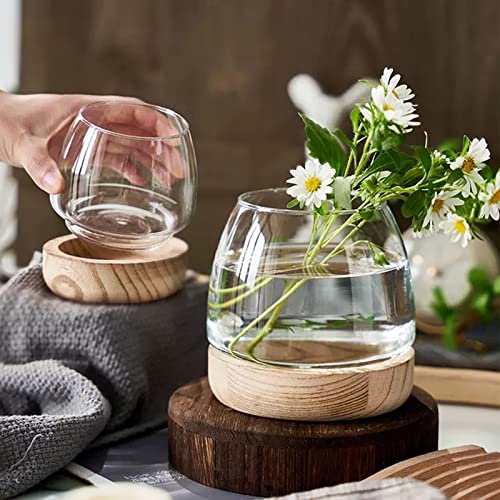 Glass Vase with Wooden Support Base, Clear Glass Bubble Vase, 1pcs (B 23 × 22 × 20 cm) N10338