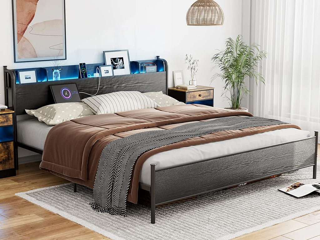 California King Metal and Wood Platform Bed Frame with Storage Shelf Headboard and Charging Station C964