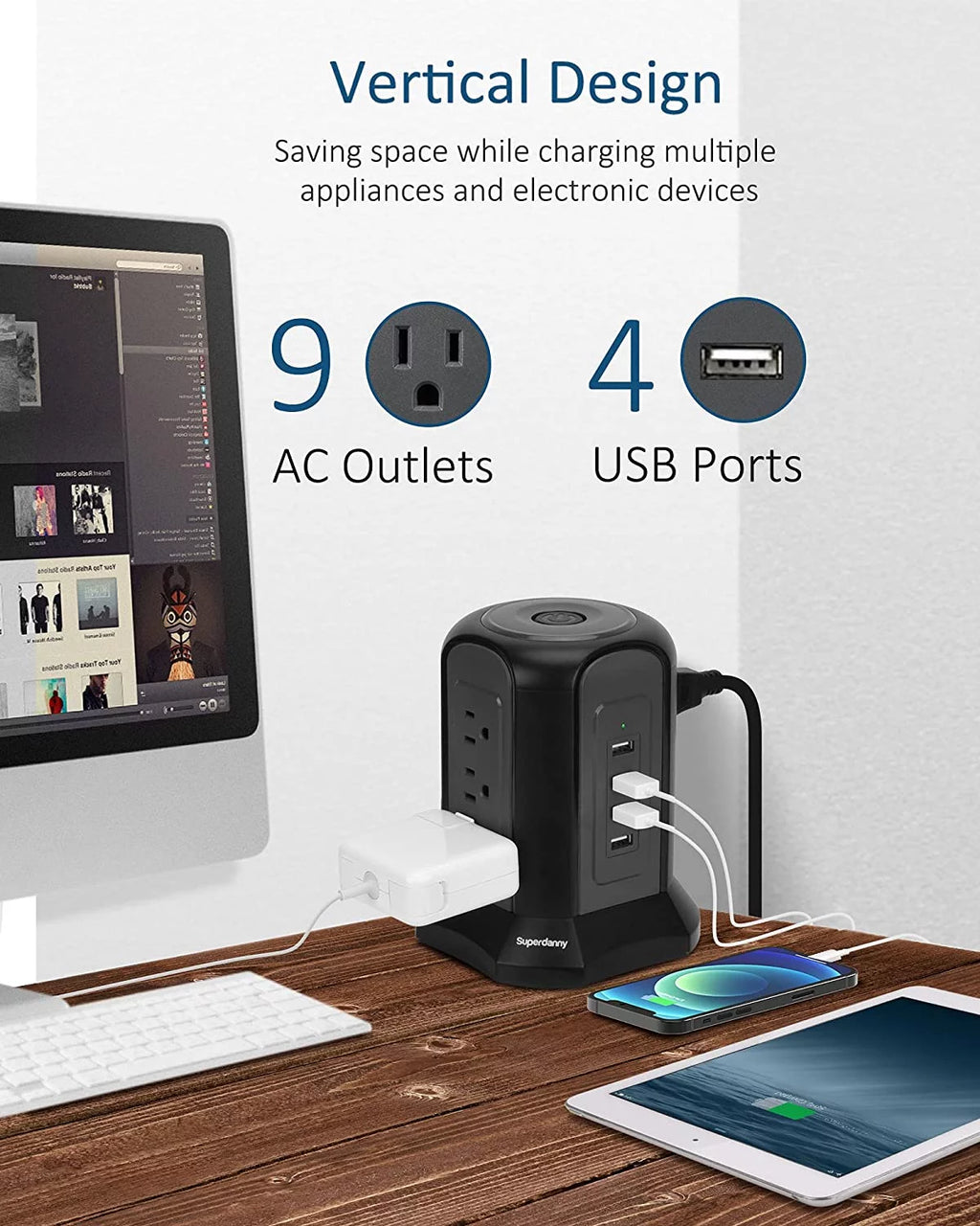 Black Surge Protector Power Strip Tower 9 Outlets 4 USB Port 10 ft Extension Cord O931