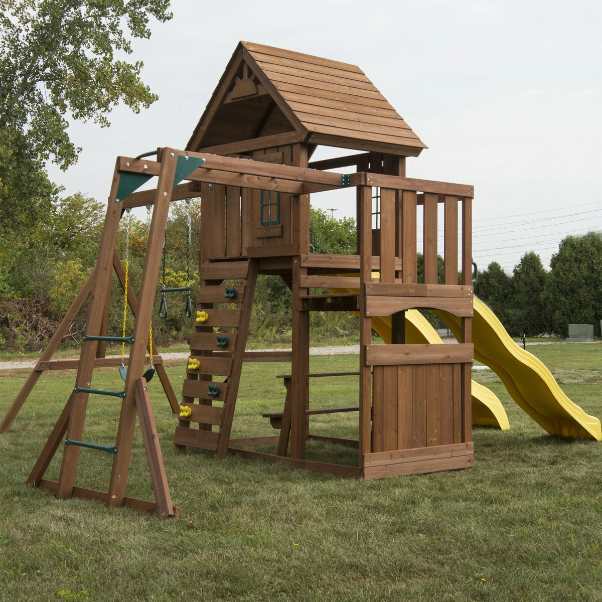 Wooden Backyard Swing Set with Two Yellow Wave Slides J4372