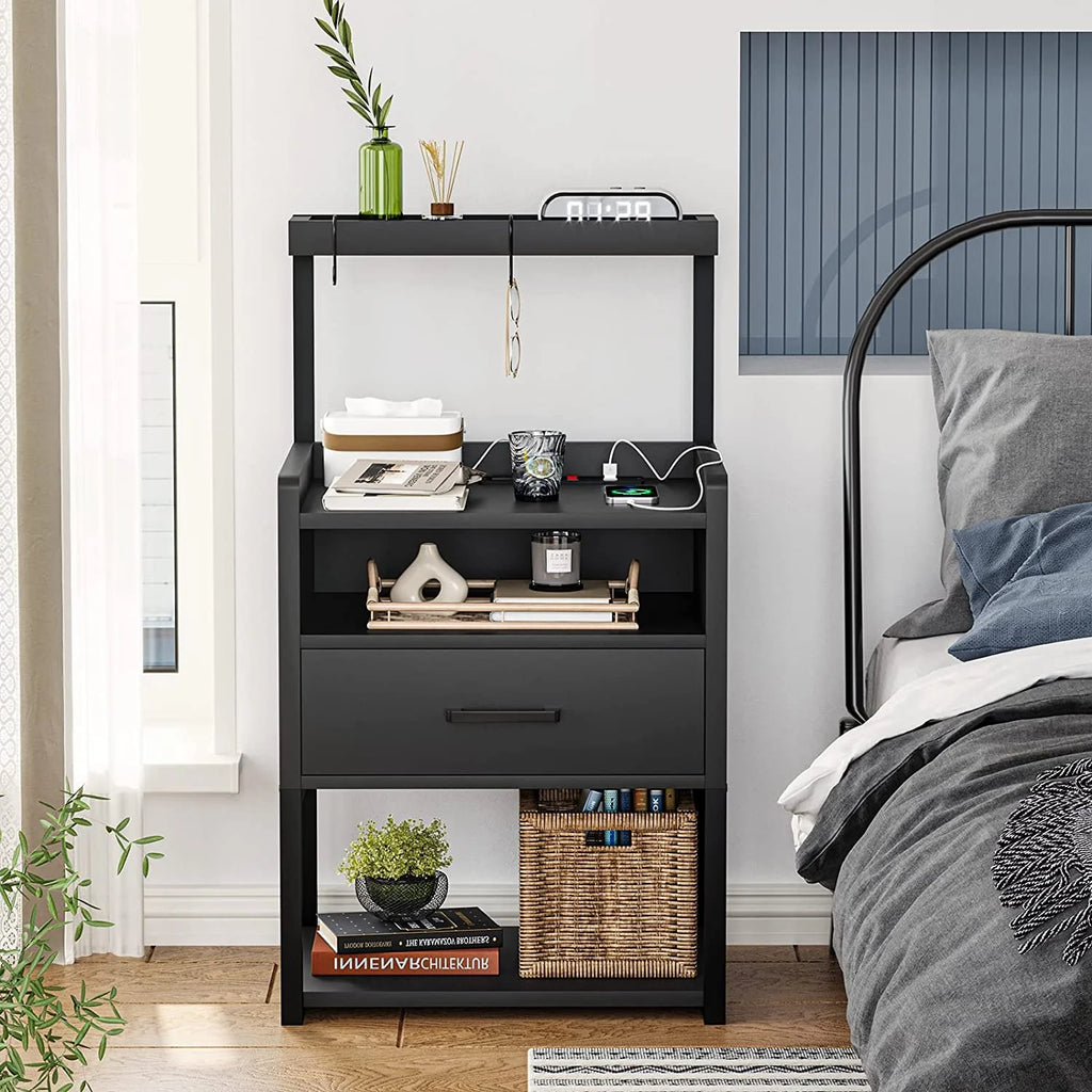 Black Set of 2 LED Nightstand with Charging Station and 1 Drawer X5541