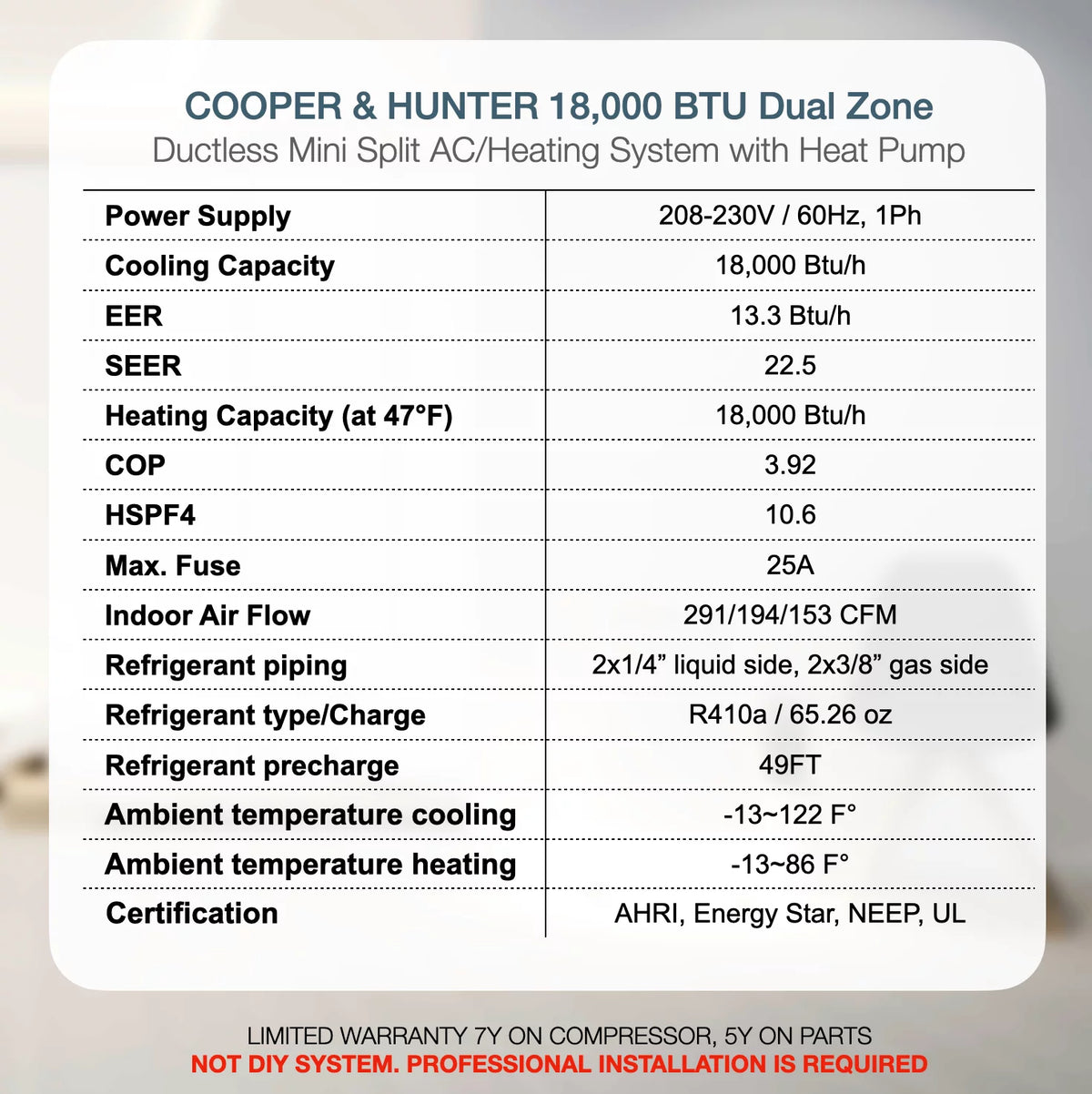 18000 BTU 230V Dual Zone Mini Split Heat Pump Air Conditioner Q280804