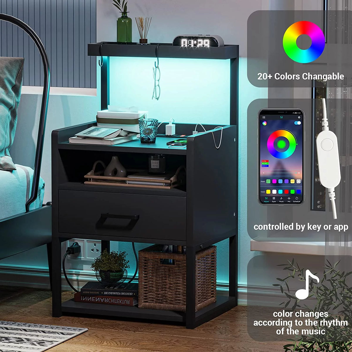 Black Set of 2 LED Nightstand with Charging Station and 1 Drawer X5541