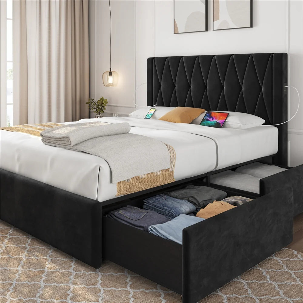 Black Full Upholstered Bed with 4 Storage Drawers H7470