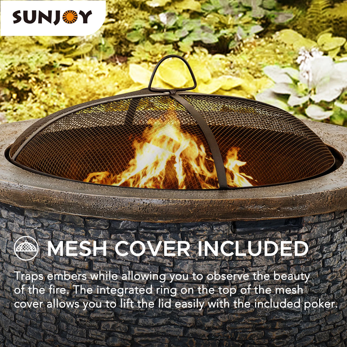 32 in. Stone Wood Burning Fire Pit with Steel Mesh Spark Screen and Fire Poker B1536