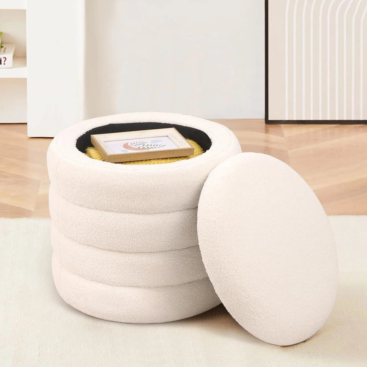 White Round Upholstered Ottoman I594