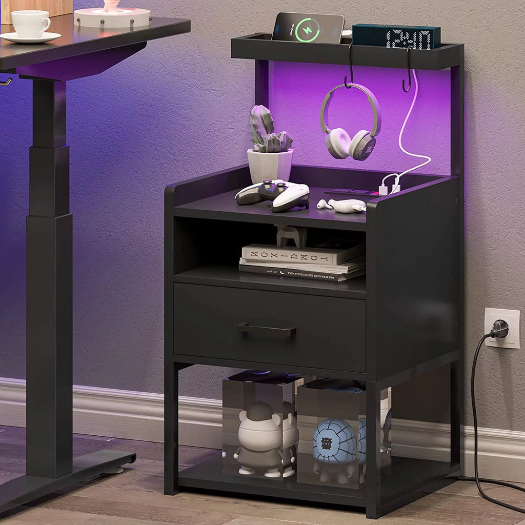 Black Set of 2 LED Nightstand with Charging Station and 1 Drawer X5541