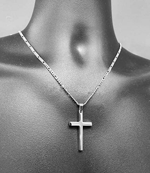 14K White Gold Figaro Cross with 4mm Cuban Link Chain K519094
