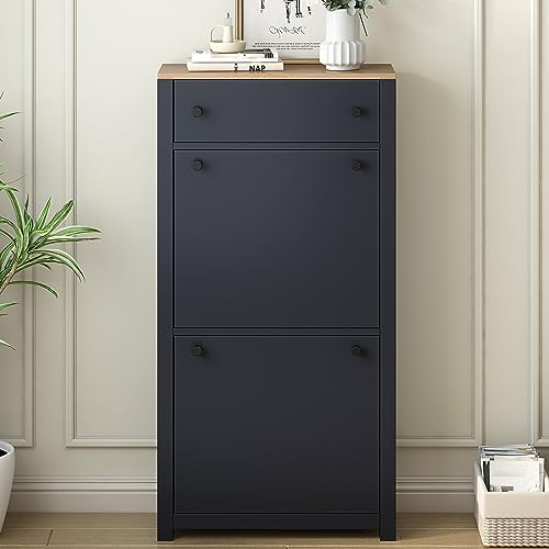 Black Narrow Shoes Cabinet with 2 Adjustable Shelves and Top Drawer U94773