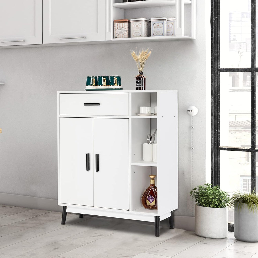 White Wood Accent Cabinet with Open Shelves and Doors C3387