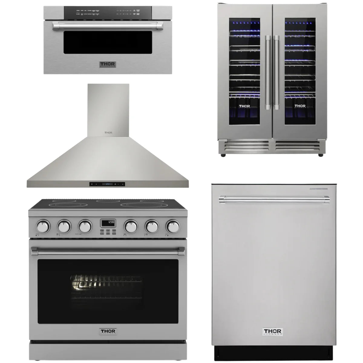 36 Electric Range, Range Hood, Dishwasher, Microwave and Wine Cooler G9328