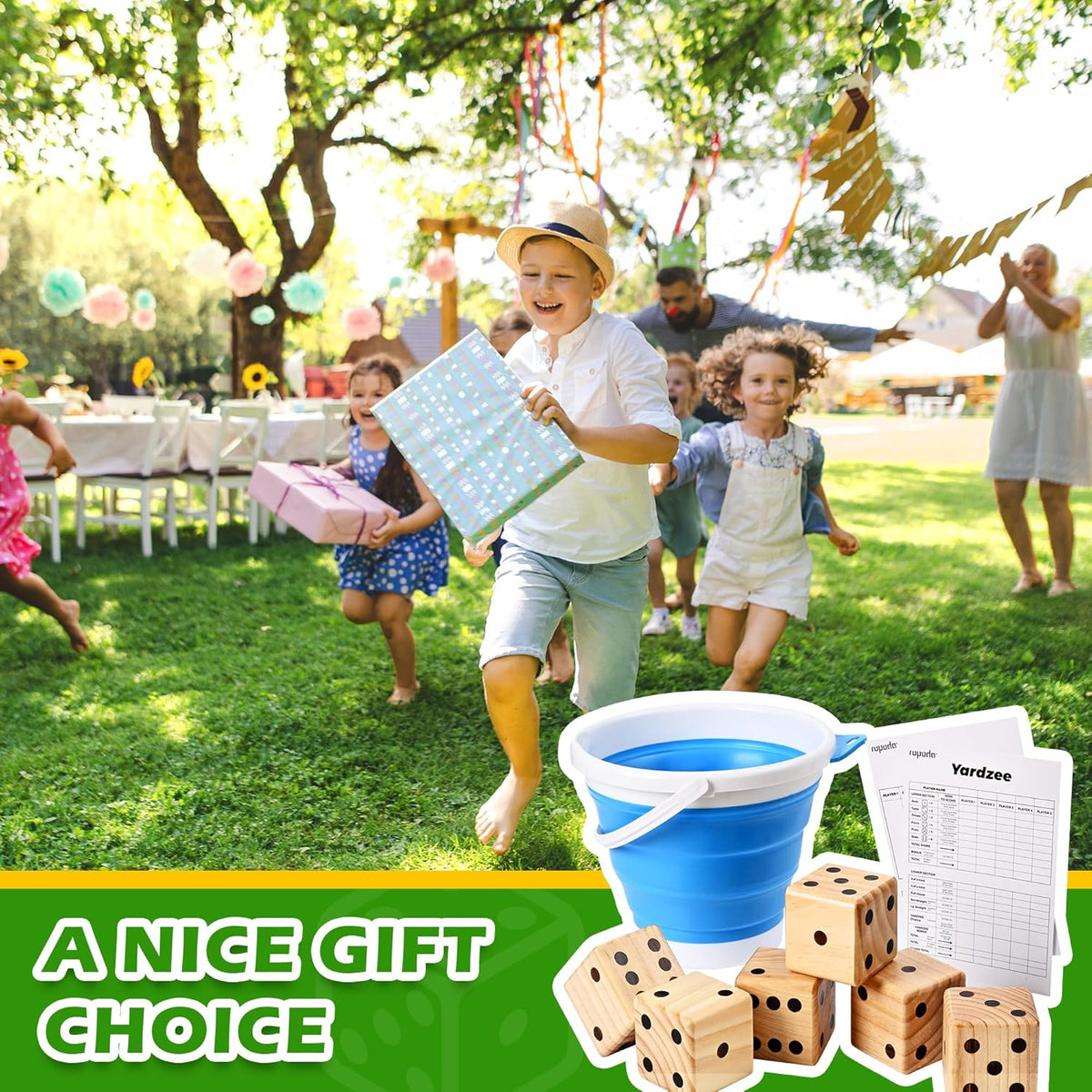3.5" Wooden Yard Dice Set includes 6 Dice, Collapsible Bucket, Score Cards & Dry Erase Marker W274989