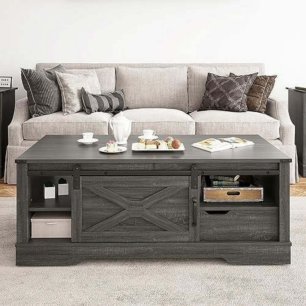 Light Grey 48'' Rustic Coffee Table with Sliding Barn Door Y14322