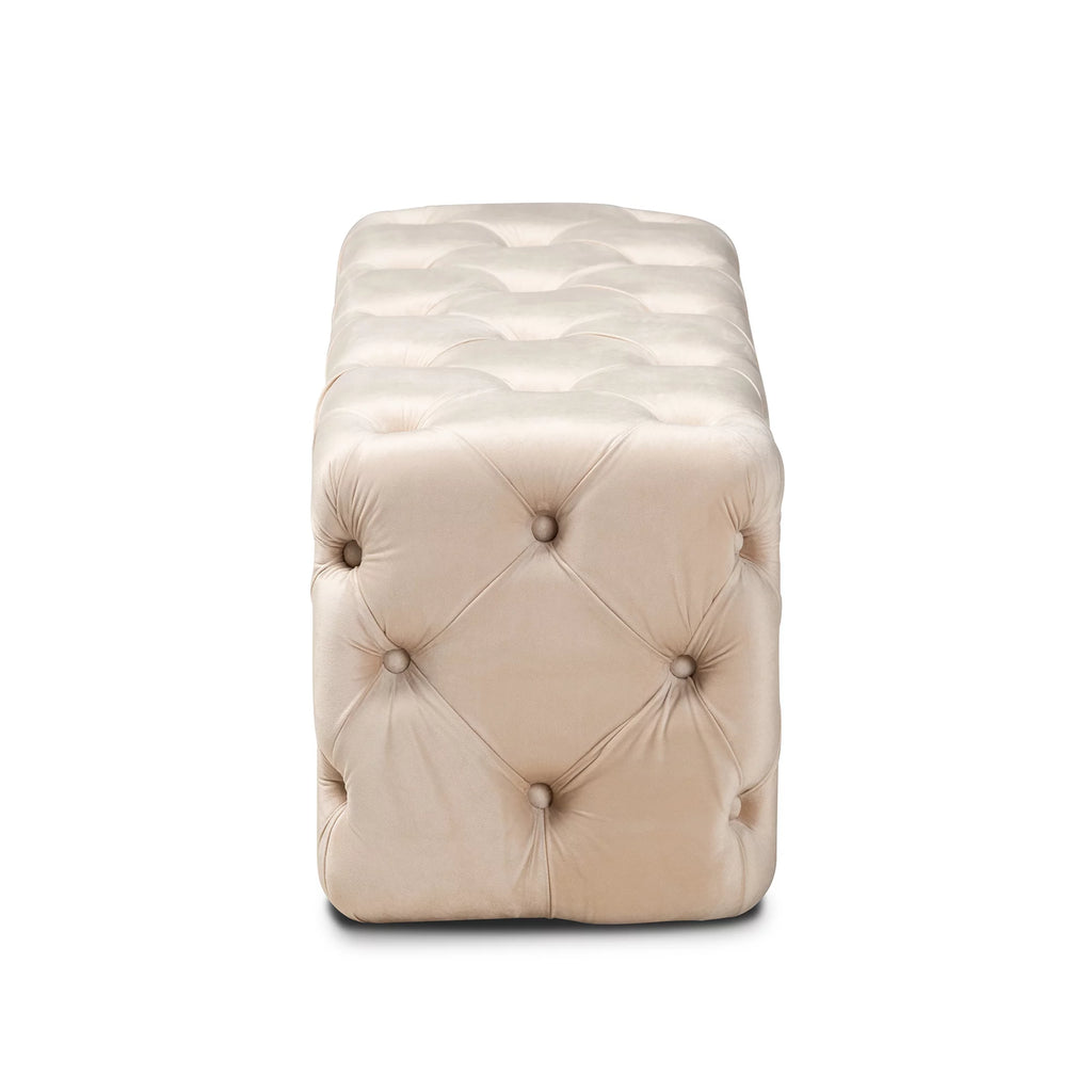 Beige Velvet Button Tufted Bench Ottoman Y2496