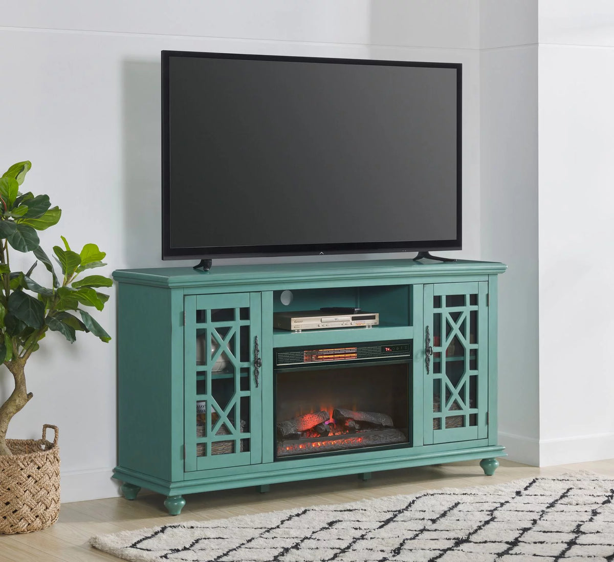 Antique Teal TV Stand with Fireplace E758133