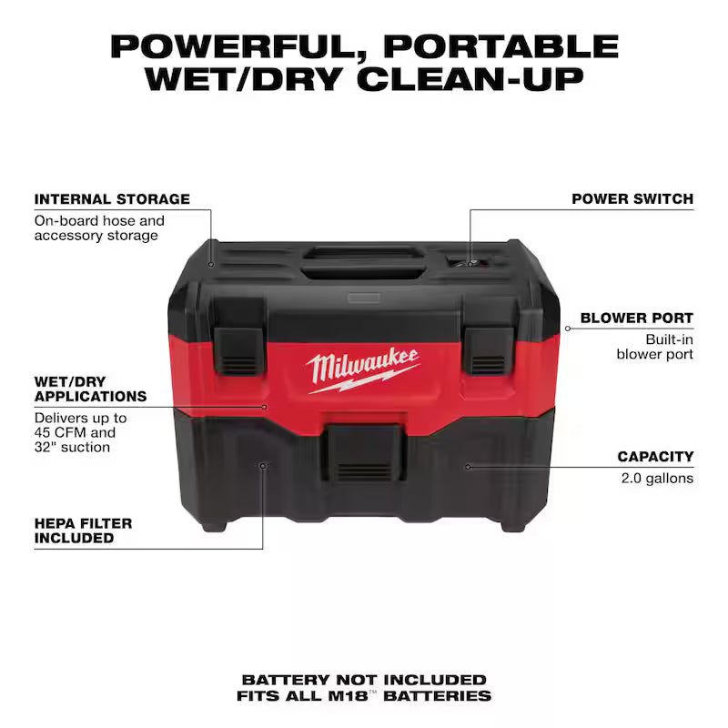 18-Volt 2 Gal. Cordless Wet/Dry Vacuum with Automotive Kit D34578