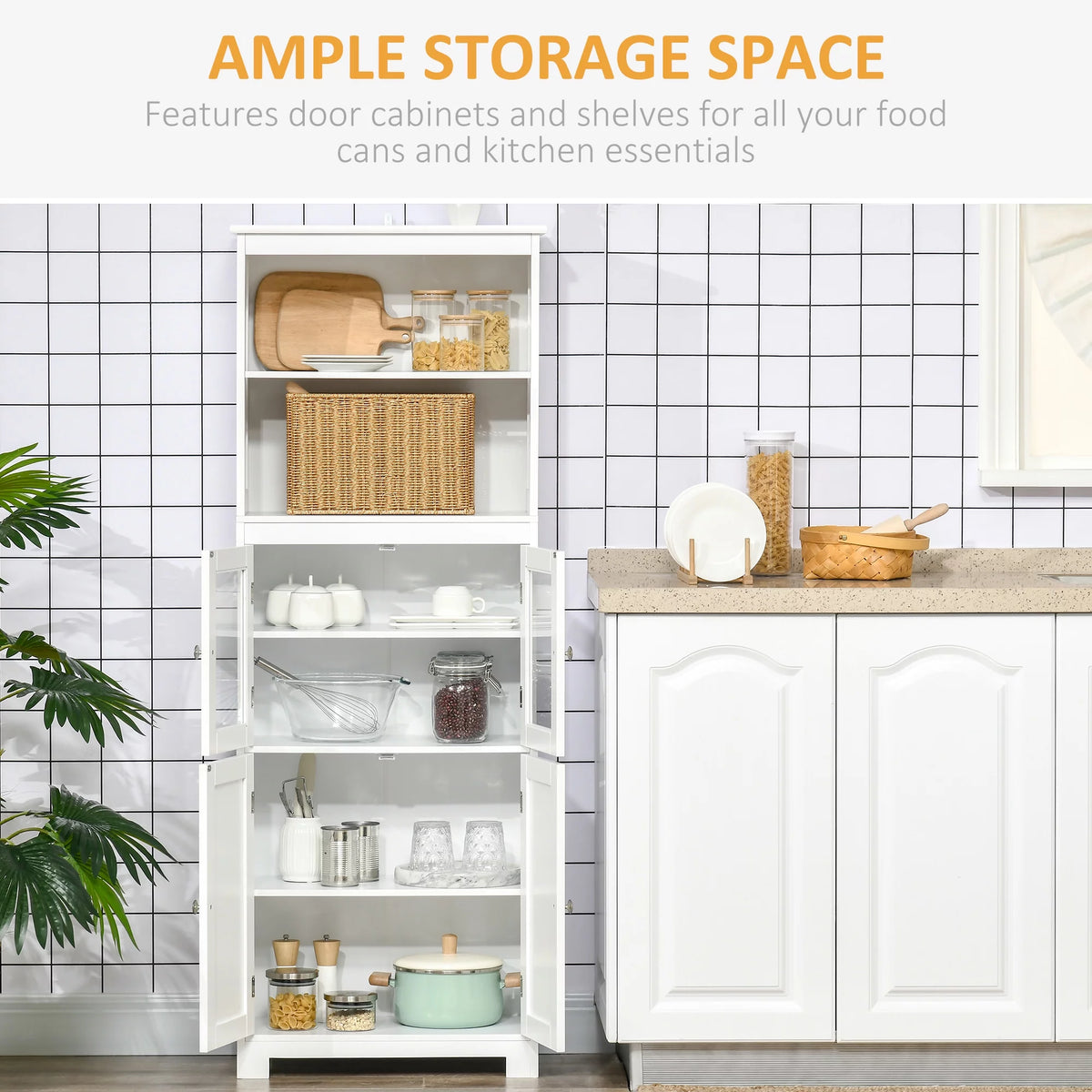 63" White 4-Door Storage Cabinet with Hutch O661