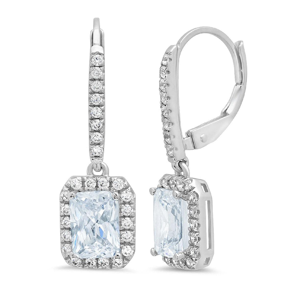 Emerald Cut Halo Drop Dangle Earrings Lever Back Z4725