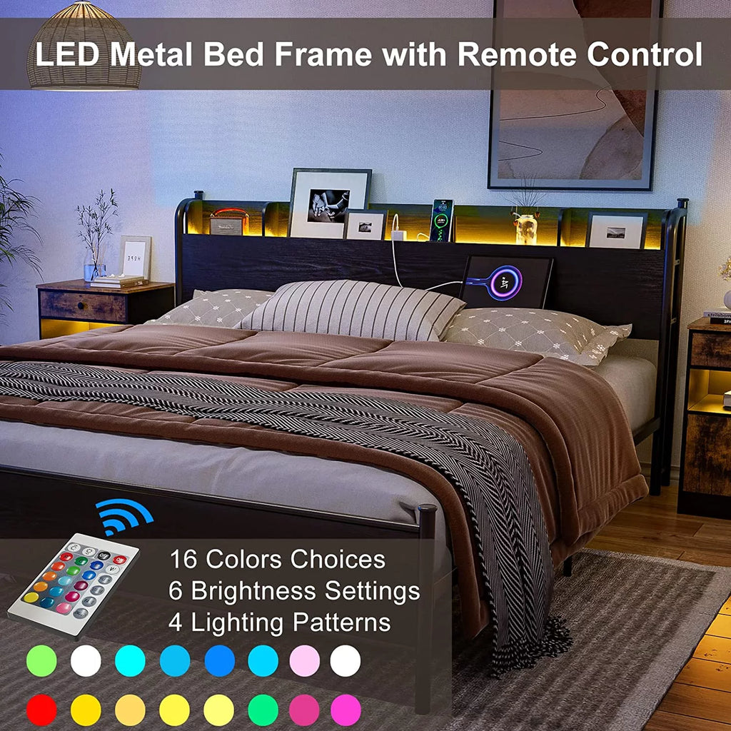 California King Metal and Wood Platform Bed Frame with Storage Shelf Headboard and Charging Station C964