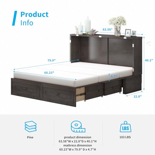 Queen Murphy Bed Cabinet with USB Charging Station and Storage Drawers I463