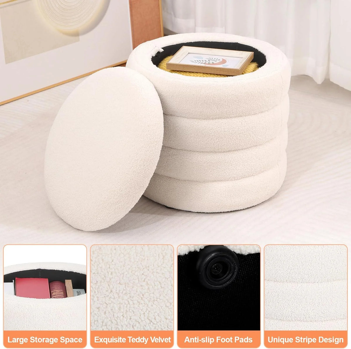 White Round Upholstered Ottoman I594