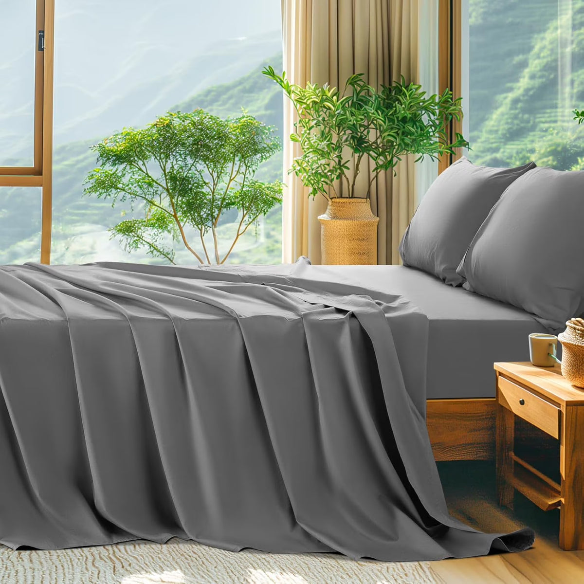 King Size 600 Thread Count Cotton Bed Sheet Set 4 PC Grey A1406