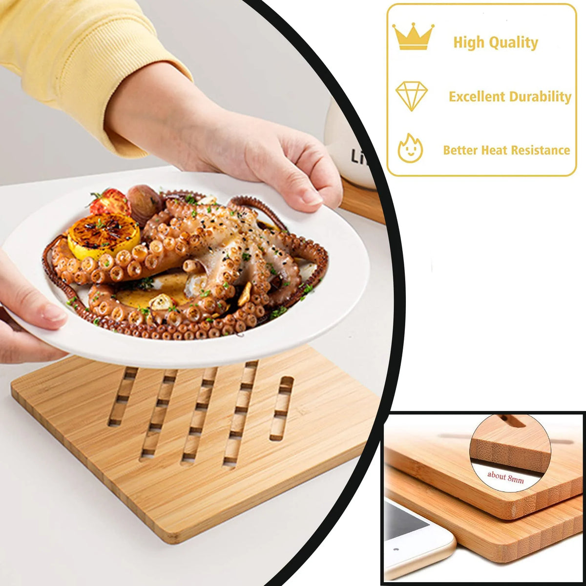 8 Pack Natural Bamboo Trivet Mat Set with 2 Holders Y337