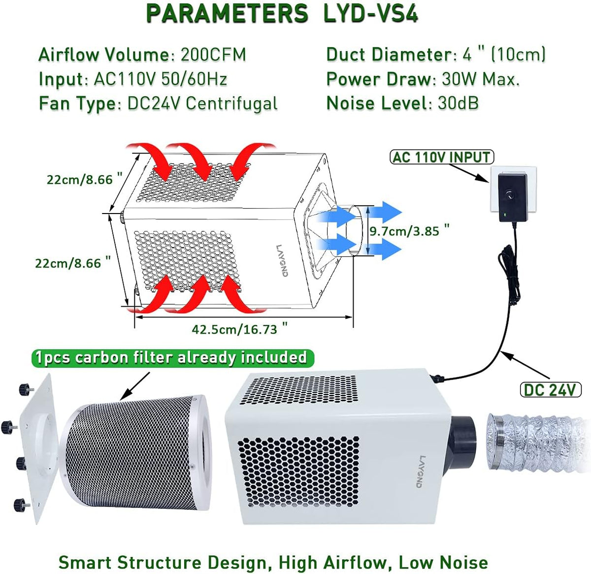 4” Carbon Filter Grow Tent Ventilation System with Inline Fan Kit R4302