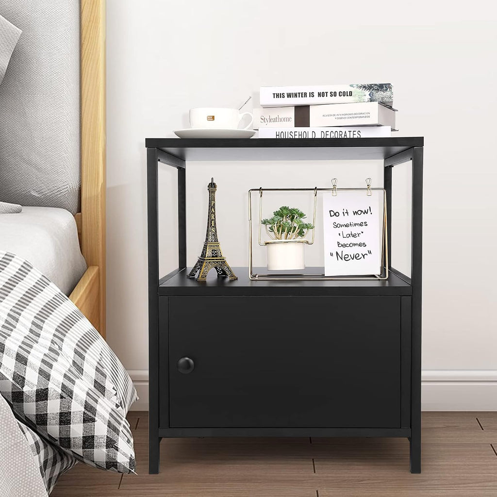 Black Wooden Nightstand with Storage Cabinet and Open Shelves Y15749
