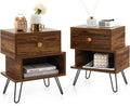 Walnut Nightstands Set of 2 with Storage Drawer and Metal Legs W69534