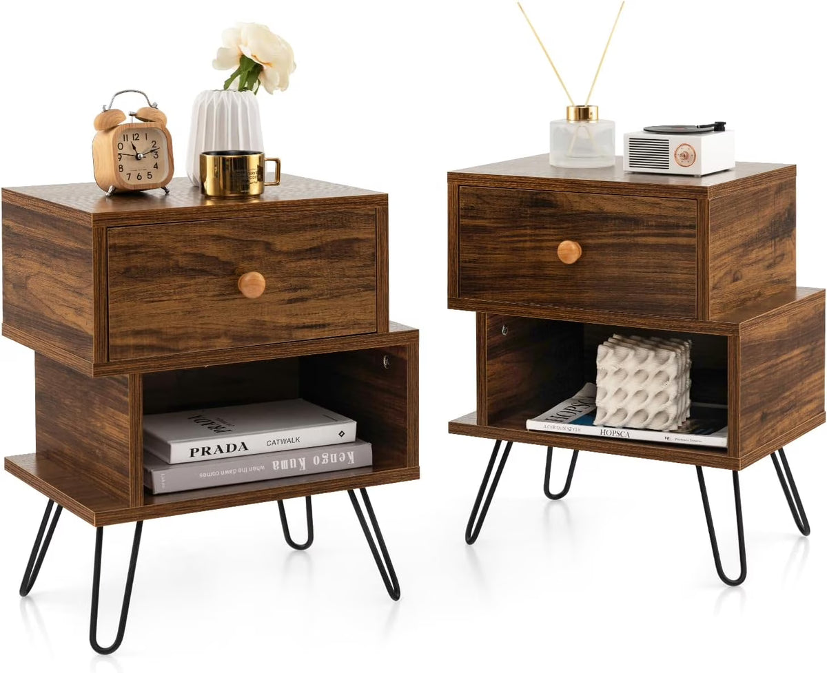Walnut Nightstands Set of 2 with Storage Drawer and Metal Legs W69534