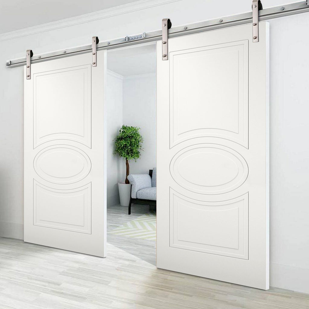 Matte White Solid Panel Double Barn Door with Stainless Steel Rail Track Set M356250