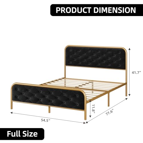Queen Size Velvet Upholstered Bed Frame with Button Tufted Headboard, Gold-Black T14159