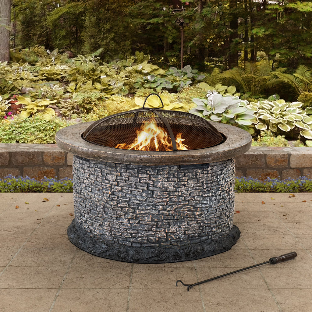 32 in. Stone Wood Burning Fire Pit with Steel Mesh Spark Screen and Fire Poker B1536