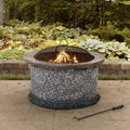 32 in. Stone Wood Burning Fire Pit with Steel Mesh Spark Screen and Fire Poker B1536