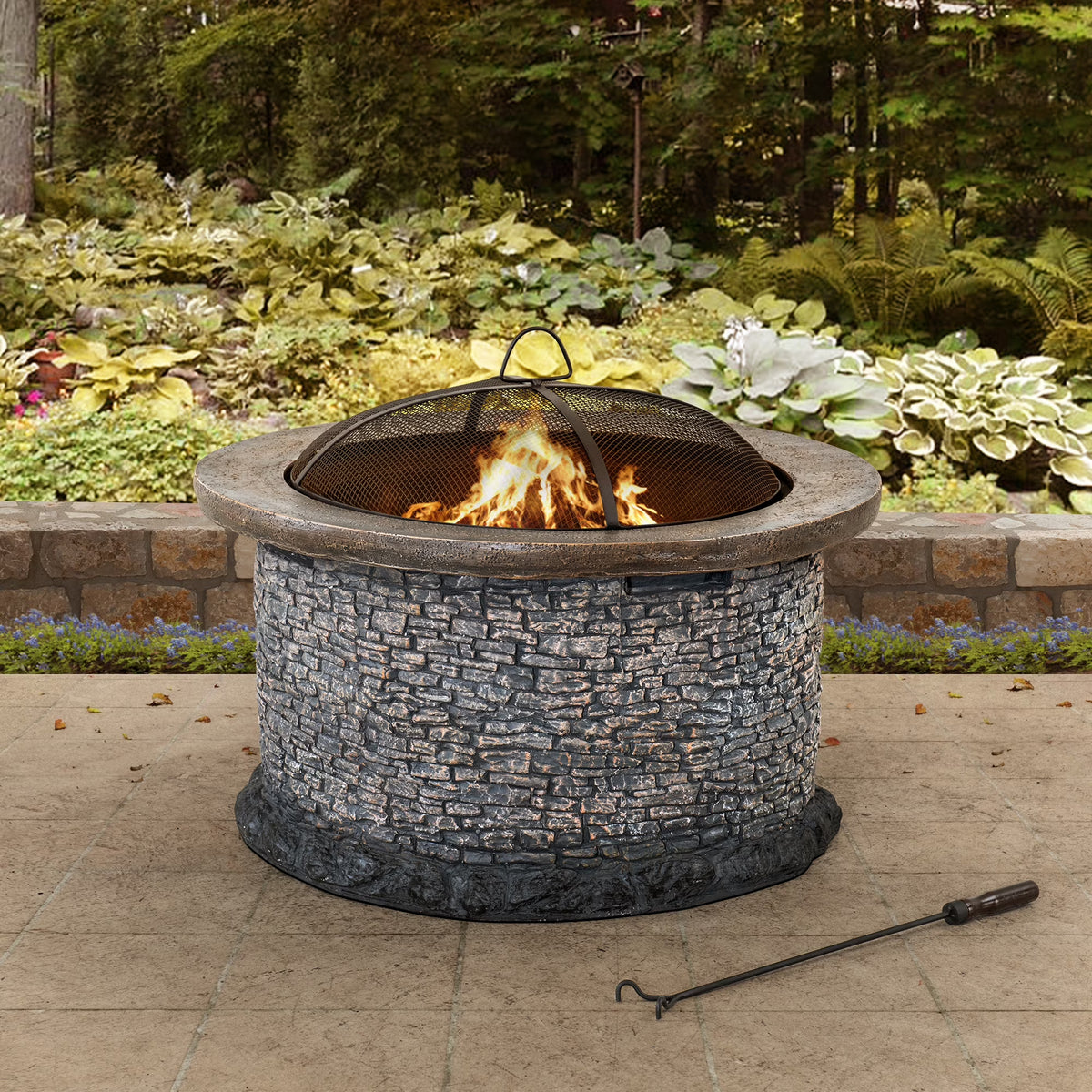 32 in. Stone Wood Burning Fire Pit with Steel Mesh Spark Screen and Fire Poker B1536