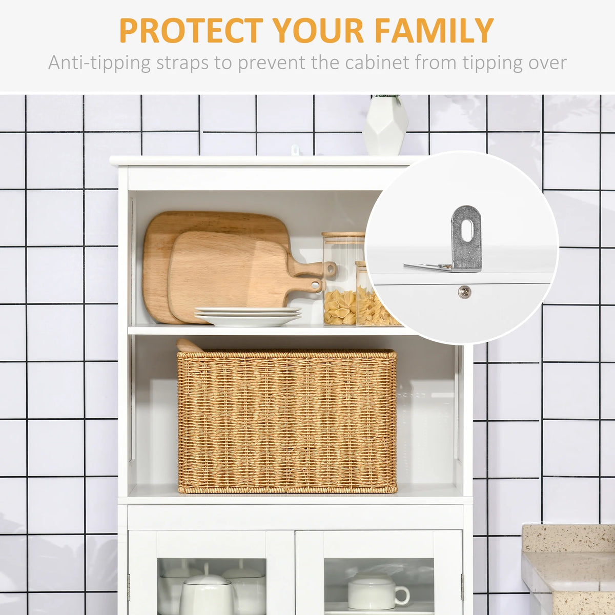 63" White 4-Door Storage Cabinet with Hutch O661