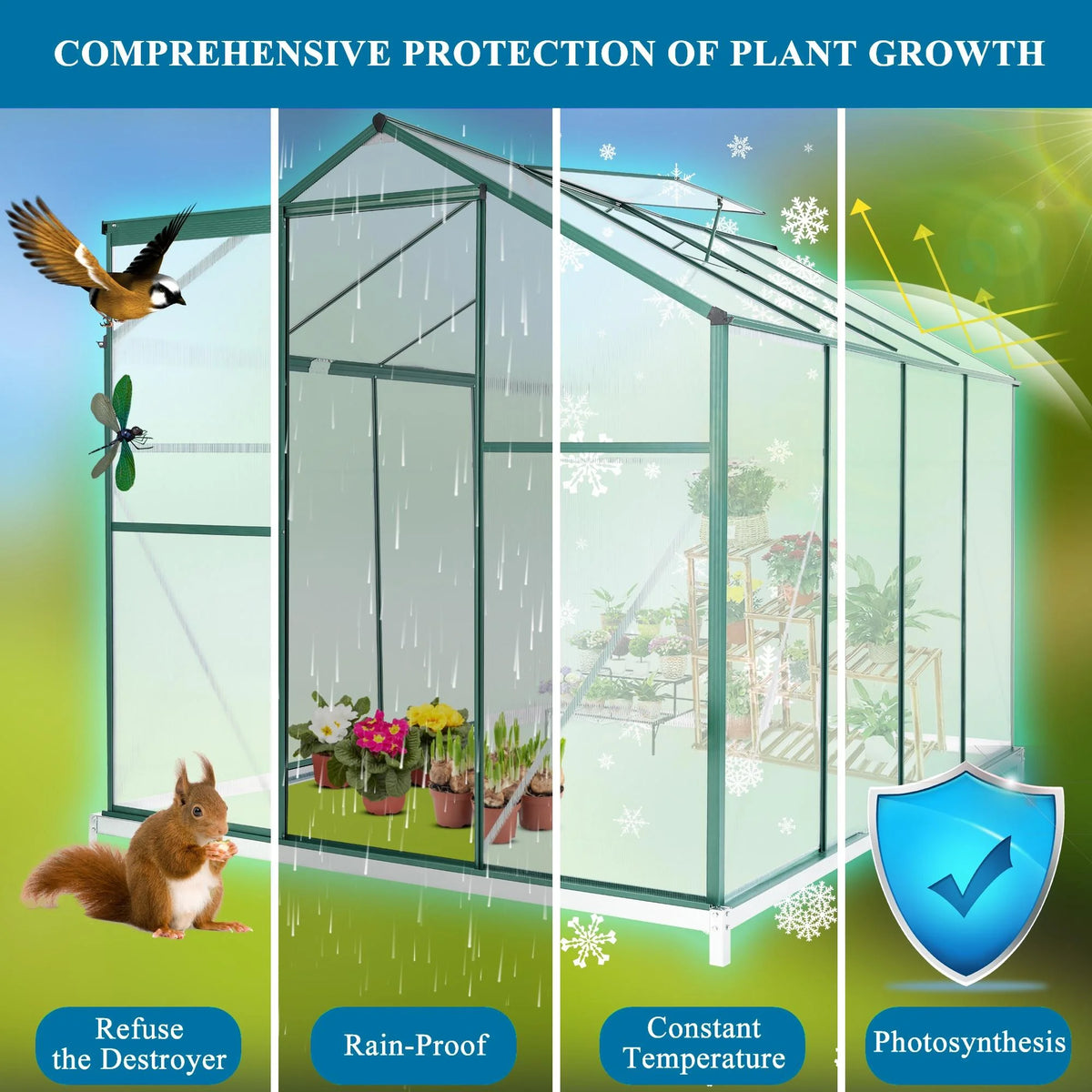 8x6FT Polycarbonate Walk in Greenhouse with Window & Sliding Door C9876