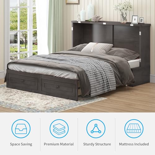 Queen Murphy Bed Cabinet with USB Charging Station and Storage Drawers I463