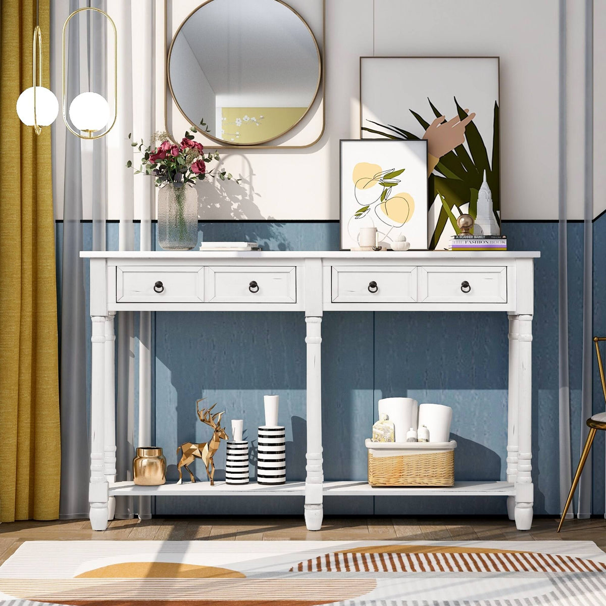 Walnut Rectangular Console Table with Drawers and Long Shelf M1209