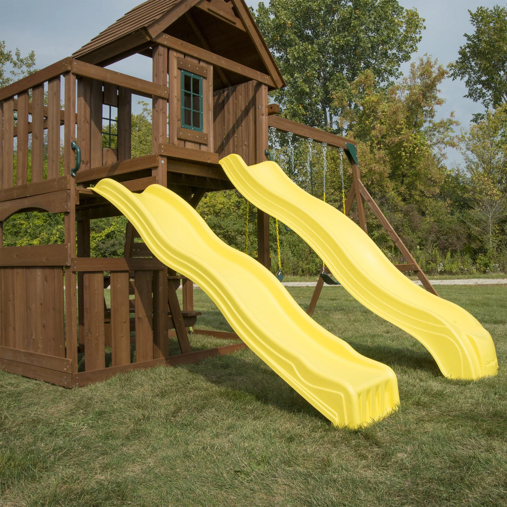 Wooden Backyard Swing Set with Two Yellow Wave Slides J4372