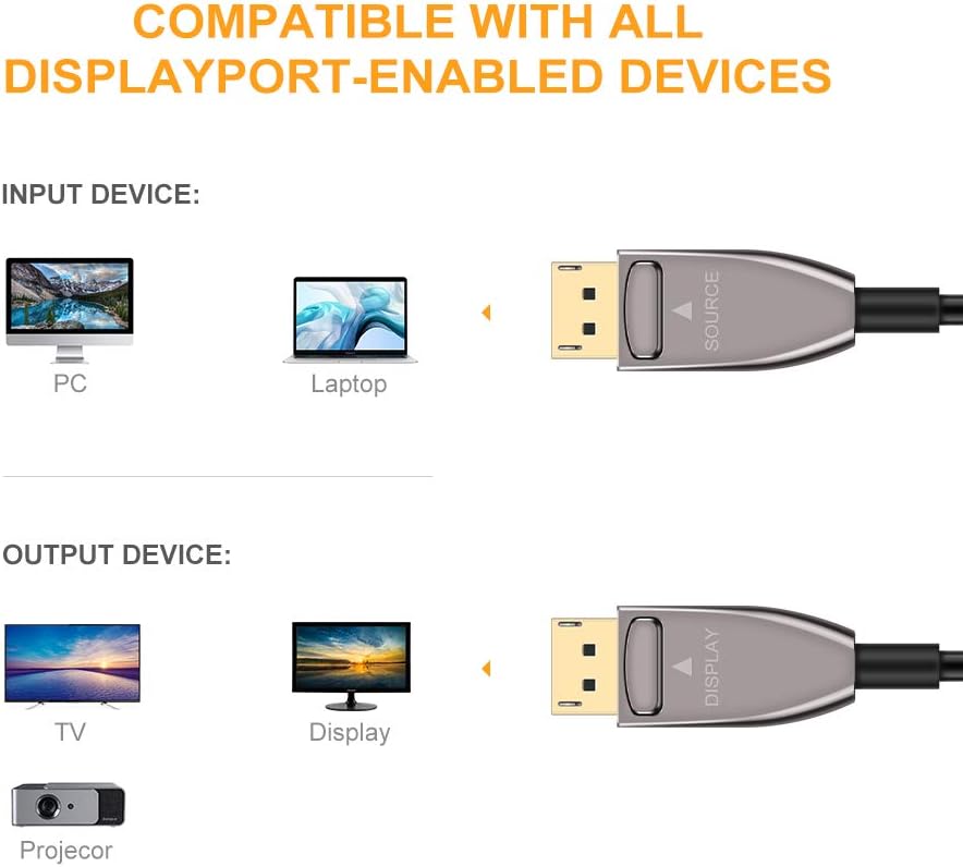 DP Fiber Optic Cable 20ft, Displayport 1.4, 8K@60Hz 4K@120Hz, Gold Plated, Black K636