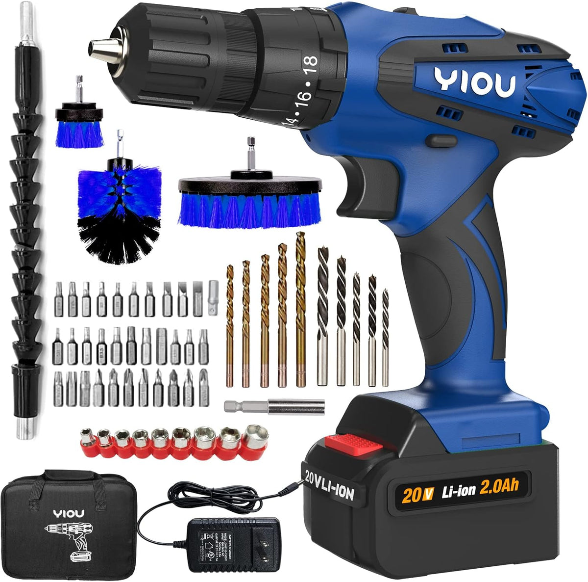 20V Cordless Drill/Driver Kit with Battery and Charger, 56pcs ACC & Tool Bag, Power Drill Set with 3/8 Keyless Chuck, 18+3 Clutch, 310 In-lb Torque D245