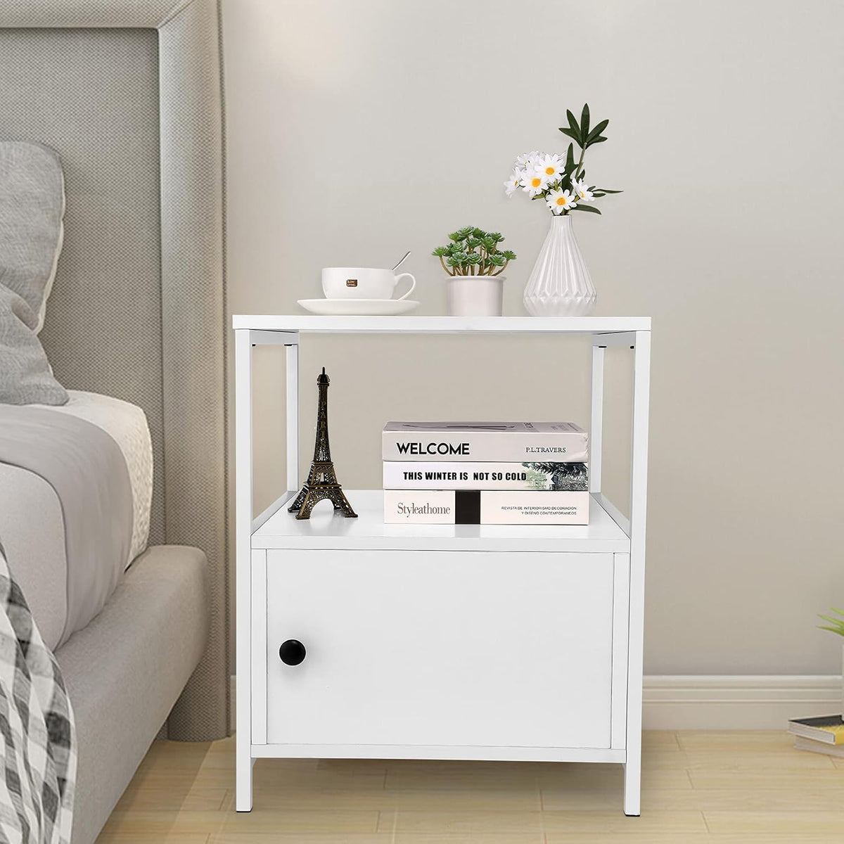 Black Wooden Nightstand with Storage Cabinet and Open Shelves Y15749